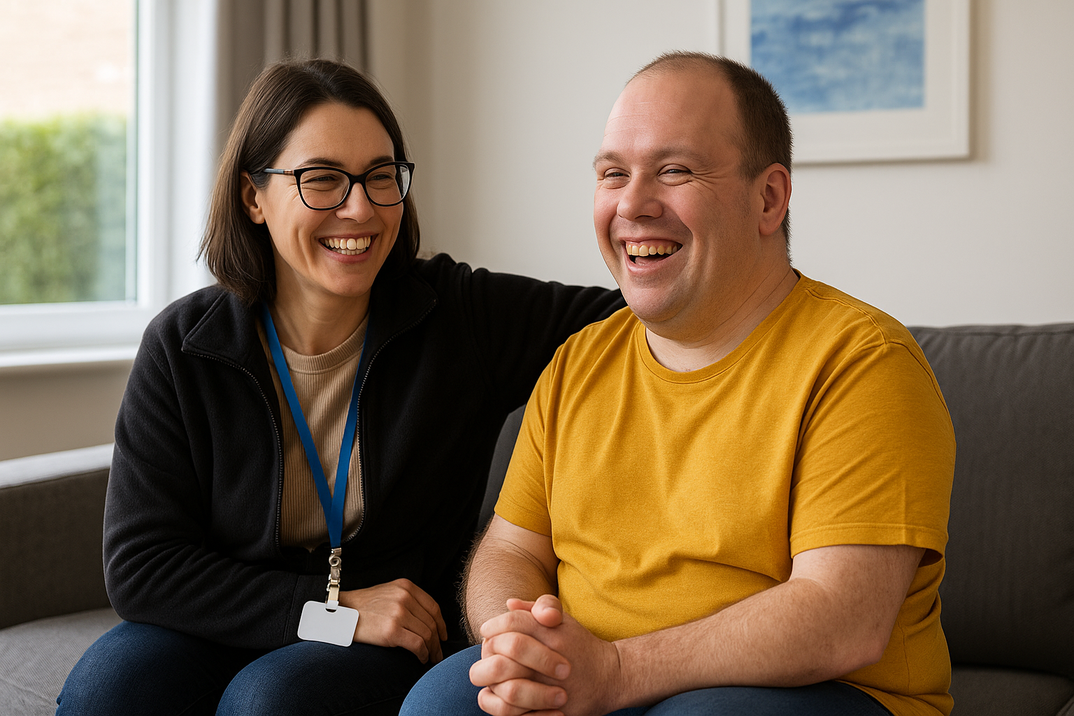 A smiling support worker and NDIS participant sitting together in a bright, modern living room, representing the trust and care of a registered SIL provider.