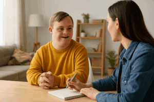 A young man with Down syndrome smiling beside his caregiver outdoors, representing trust and support under the NDIS planning framework.