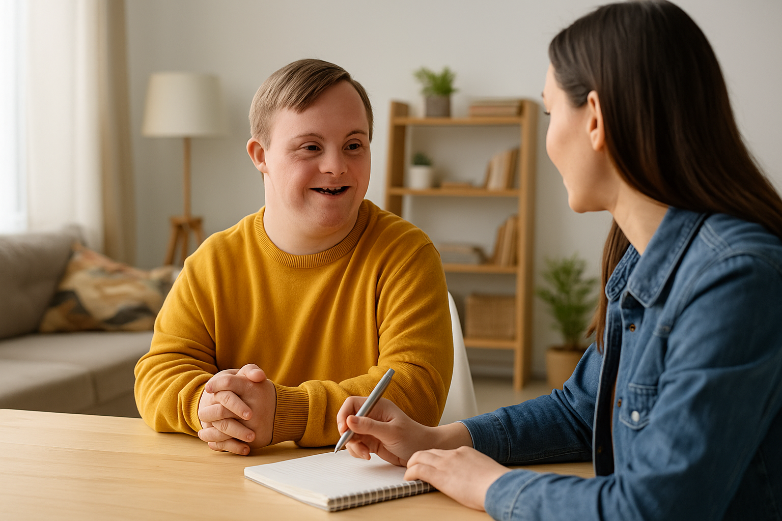 A young man with Down syndrome smiling beside his caregiver outdoors, representing trust and support under the NDIS planning framework.