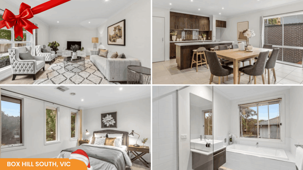 Modern Supported Independent Living home in Box Hill South, VIC decorated with a holiday ribbon, featuring the living room, kitchen, bedroom, and bathroom.