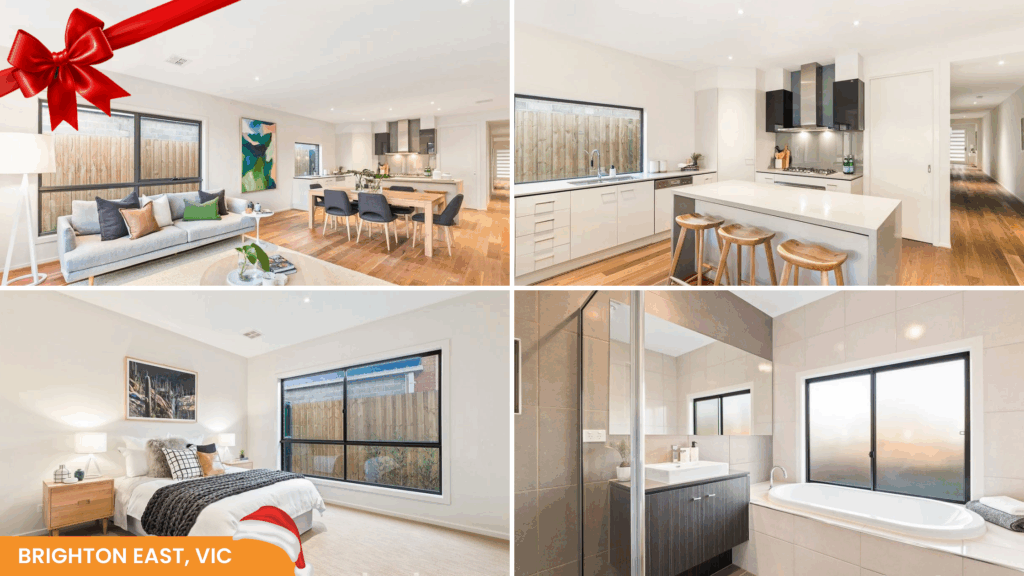 Open-plan living room, kitchen, bedroom, and bathroom from a modern Brighton East SIL home decorated for the holidays.