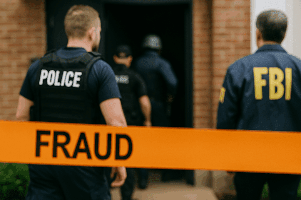Police officers and federal agents work together during a coordinated operation, reviewing documents and evidence linked to NDIS fraud investigations.