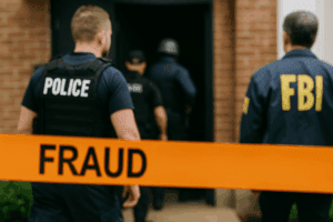 Police officers and federal agents work together during a coordinated operation, reviewing documents and evidence linked to NDIS fraud investigations.