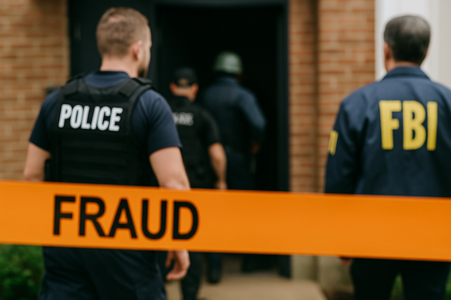Police officers and federal agents work together during a coordinated operation, reviewing documents and evidence linked to NDIS fraud investigations.