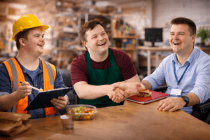 Young adult with disability learning workplace skills with mentor in an inclusive employment setting