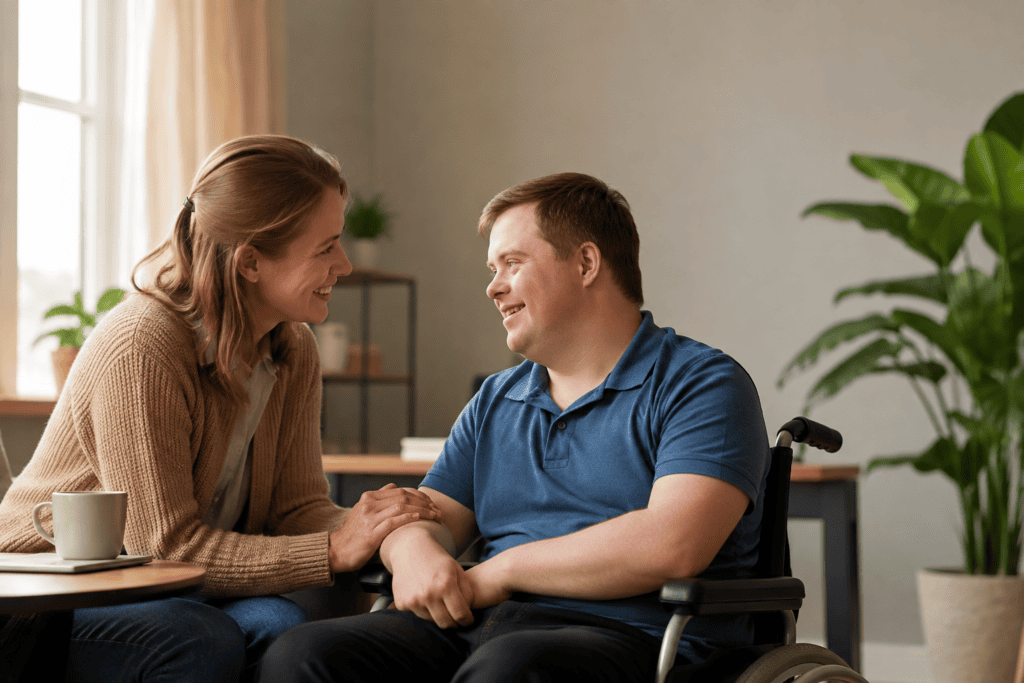 NDIS participant and disability support professional talking together in a warm home environment.