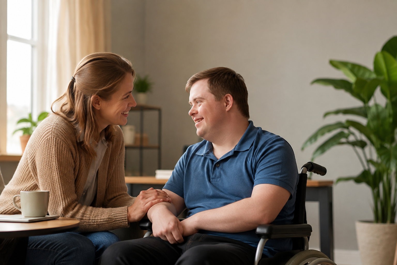 NDIS participant and disability support professional talking together in a warm home environment.