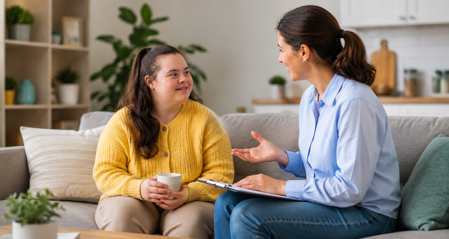 Woman discussing Supported Independent Living in Melbourne with a disability support professional at home