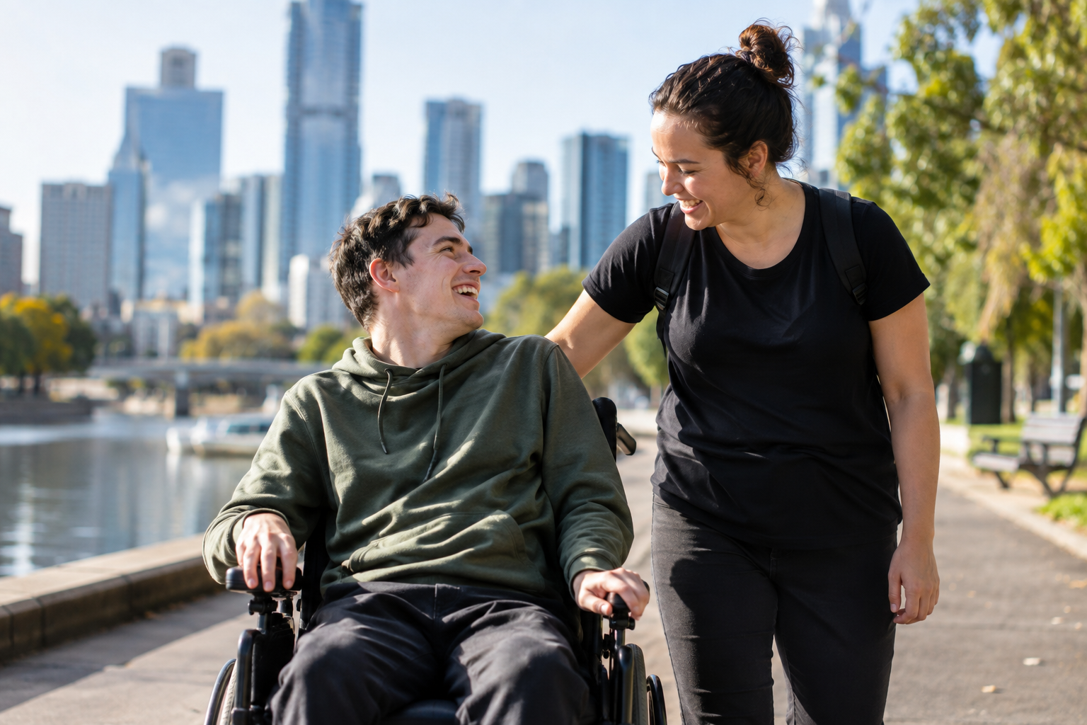 NDIS participant using a wheelchair enjoying community access with a support worker in Melbourne