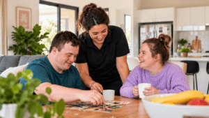 NDIS participants enjoying a puzzle activity with a support worker in a Supported Independent Living home.