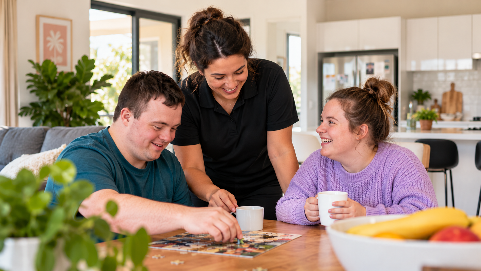 NDIS participants enjoying a puzzle activity with a support worker in a Supported Independent Living home.