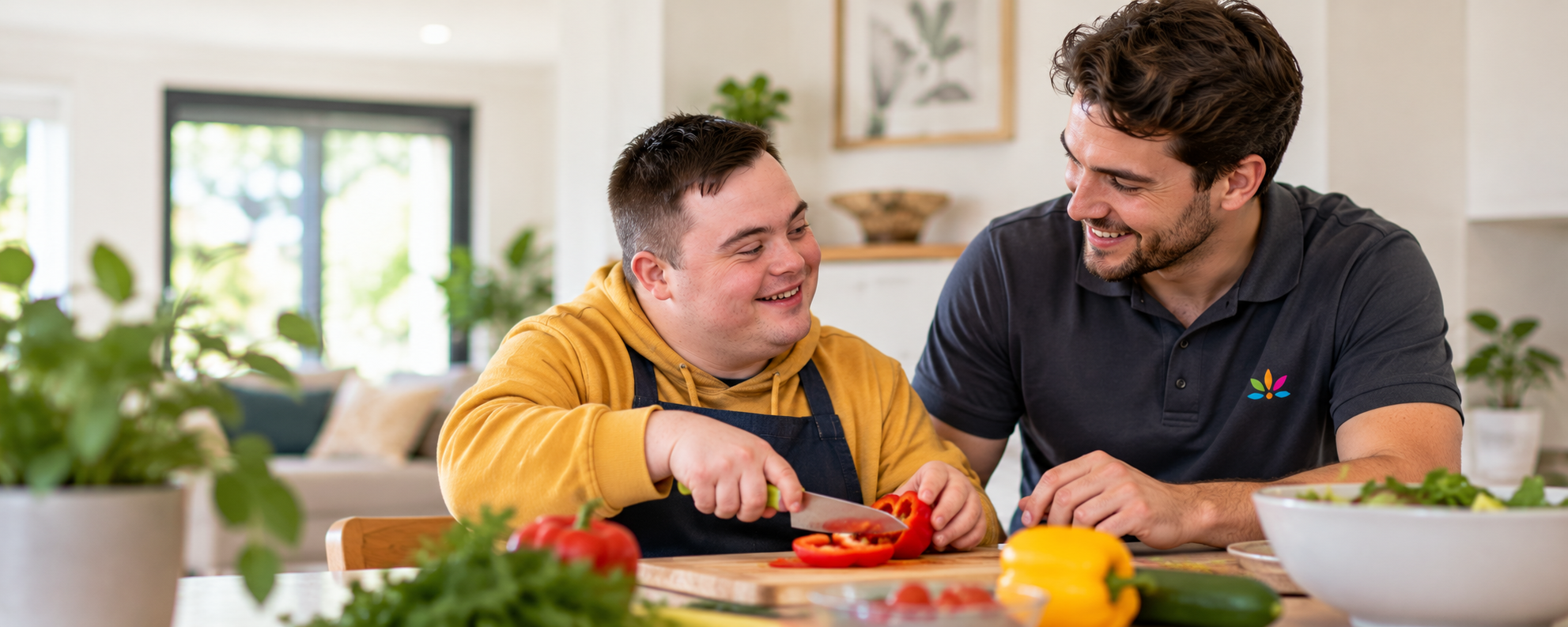 NDIS participant with Down syndrome preparing a meal alongside a male support worker in a Supported Independent Living home.