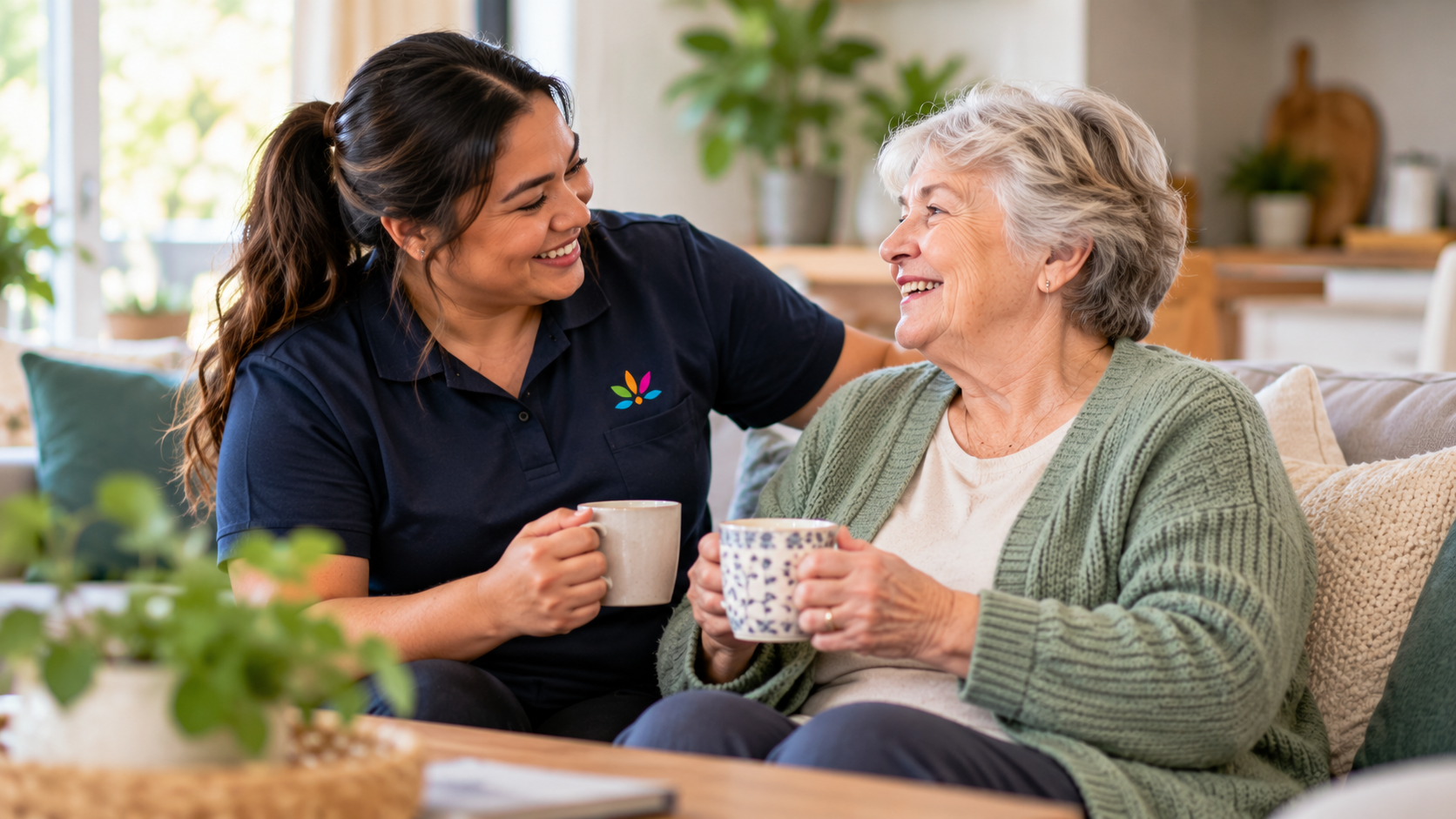 Female support worker talking with an older woman in her living room during a home care visit.