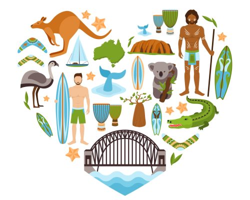 Australia travel tourism and landmarks decorative icons set in heart shape vector illustration